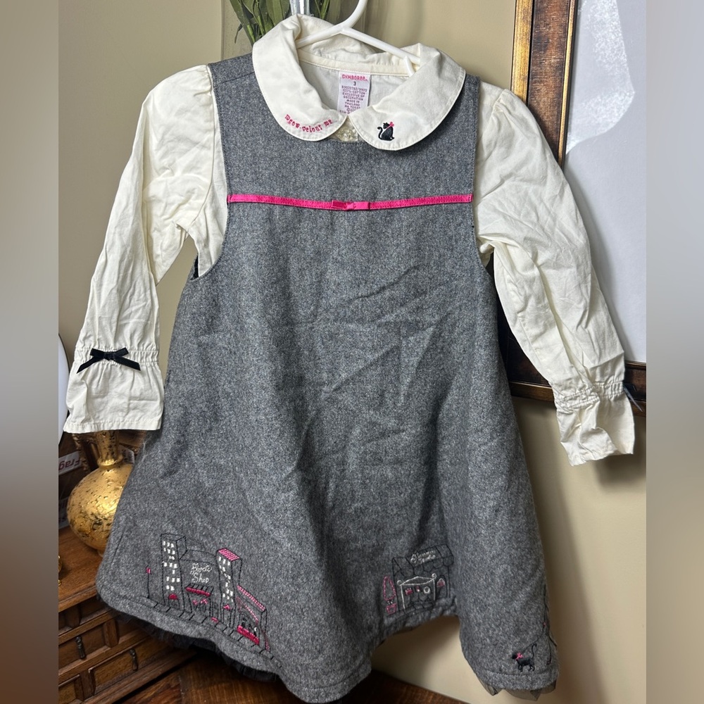 Vintage Gymboree Sz 3‎ City Sidewalk Gray Wool Dress & Embroidered White Blouse